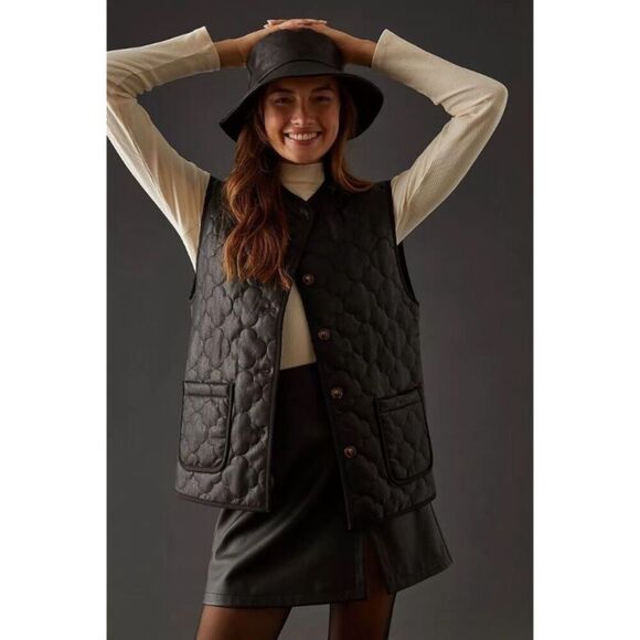 Anthropologie x FRNCH Gisette Faux Leather Sleeveless QuiltedBlazer Onesie